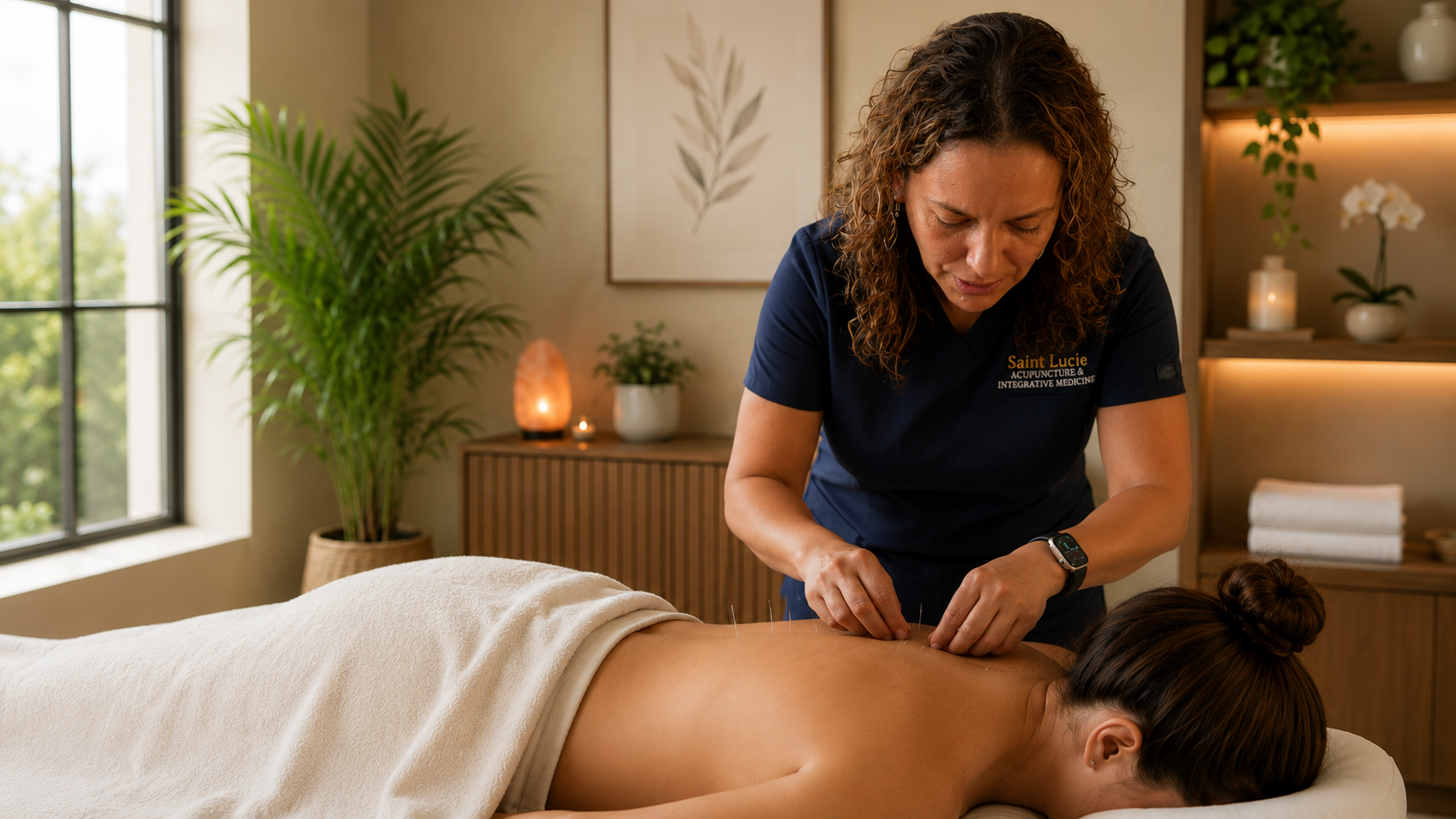 Licensed acupuncturist performing a gentle back treatment in a calm, naturally lit clinic room